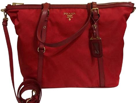 Red Tessuto Nylon and Saffiano Leather Tote Bag 